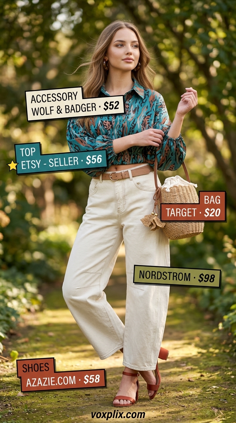 Boho cropped jean outfits summer for women 2026: ecru barrel jeans, printed blouse, suede sandals, raffia bag for garden brunch.