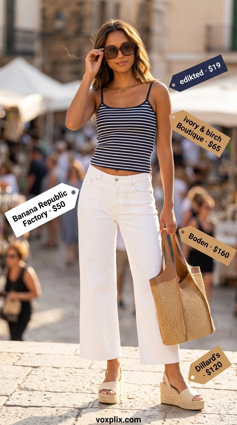Relaxed cropped jean outfits summer for women 2026: white wide-leg jeans, navy tank, espadrilles, straw tote for beach vacation.
