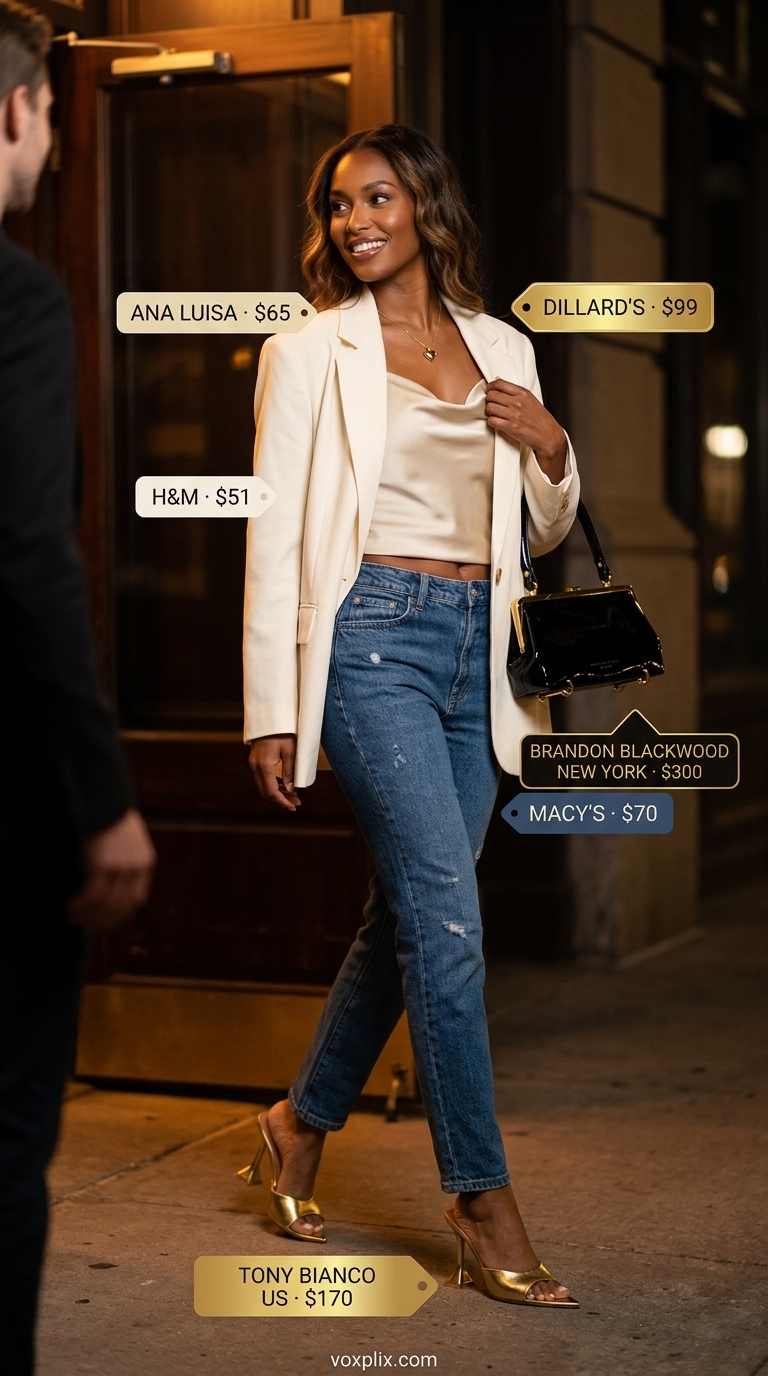Sophisticated cropped jean outfits summer for women 2026: dark indigo jeans, ecru blazer, cream camisole, gold mules for a dinner date.