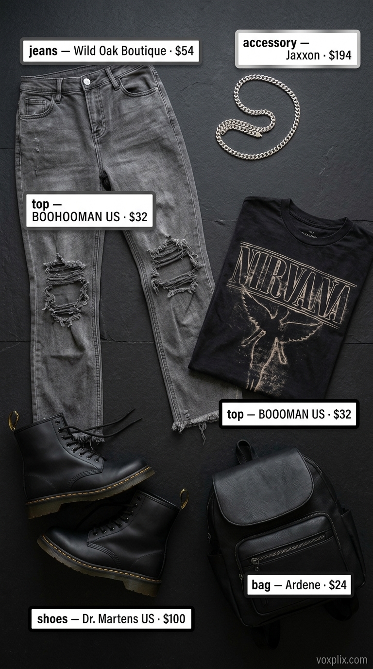 Edgy cropped jean outfits summer for women 2026: ripped grey jeans, band tee, combat boots, mini backpack for city exploration.