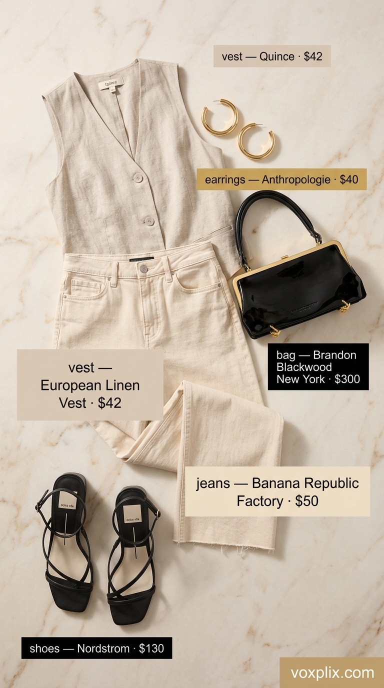 Chic cropped jean outfits summer for women 2026: white wide-leg jeans, tan vest top, black sandals, structured mini bag for office casual.