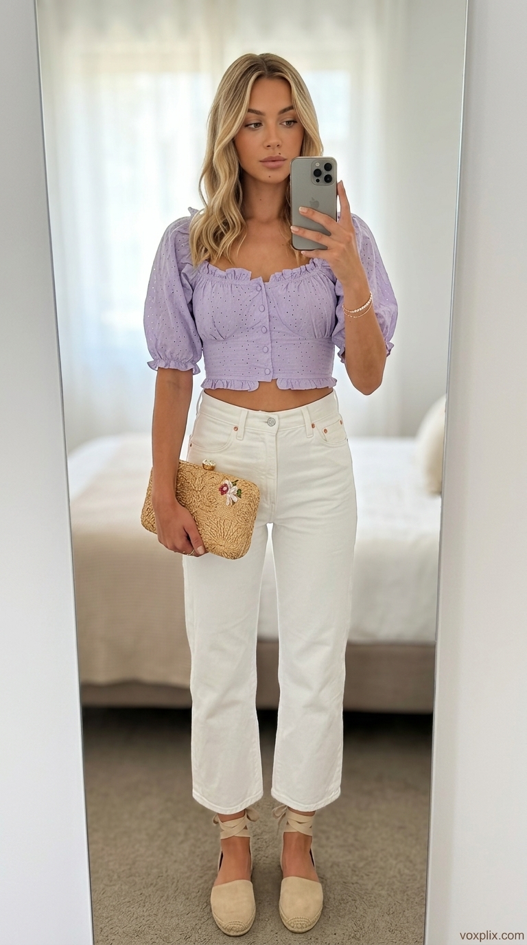 Feminine cropped jean outfits summer for women 2026: white jeans, lavender eyelet top, espadrilles, straw clutch for picnic.