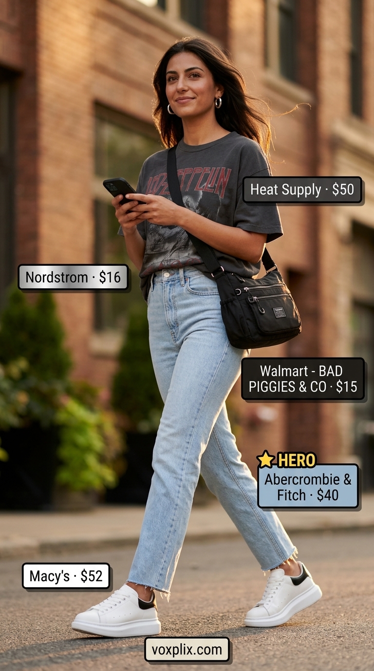Edgy cropped jean outfits summer for women 2026: light wash distressed jeans, charcoal graphic tee, black crossbody bag, platform sneakers.