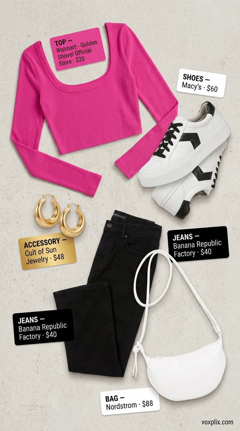 Retro summer outfit: black cropped flare jeans, hot pink crop top, white platform sneakers 2026.