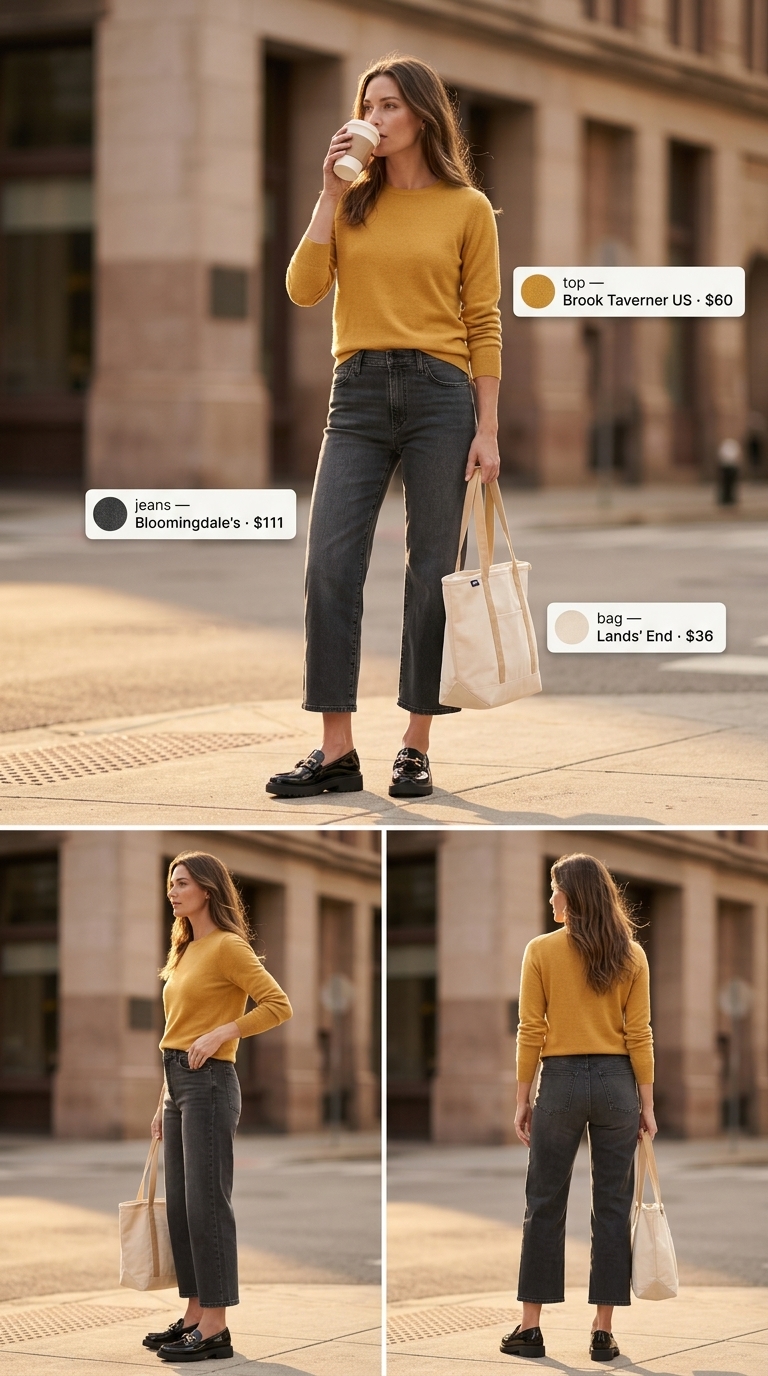 Artsy cafe outfit: cropped wide-leg jeans, mustard sweater, cream tote, black loafers for women 2026.