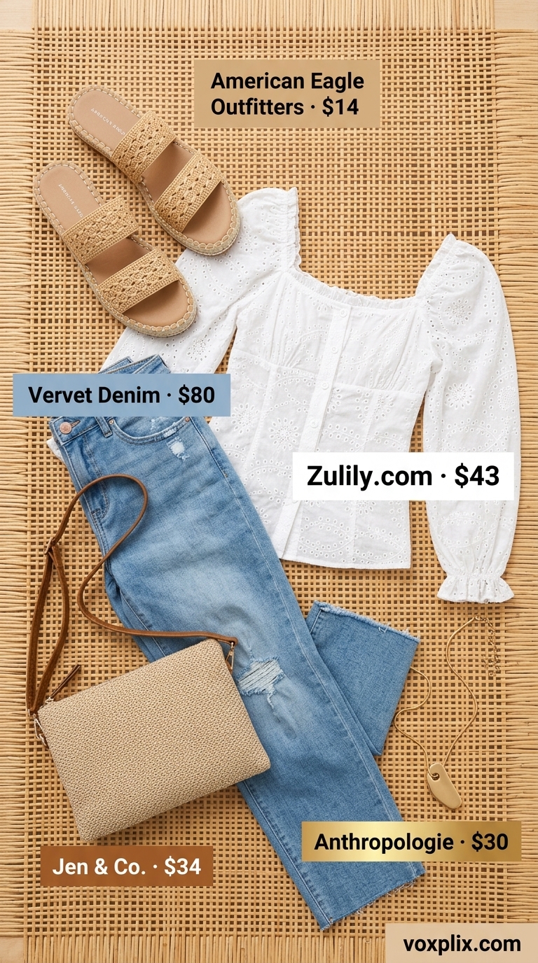 Coastal breeze cropped jean outfits summer for women 2026: Light wash jeans, white eyelet top, espadrille slides.