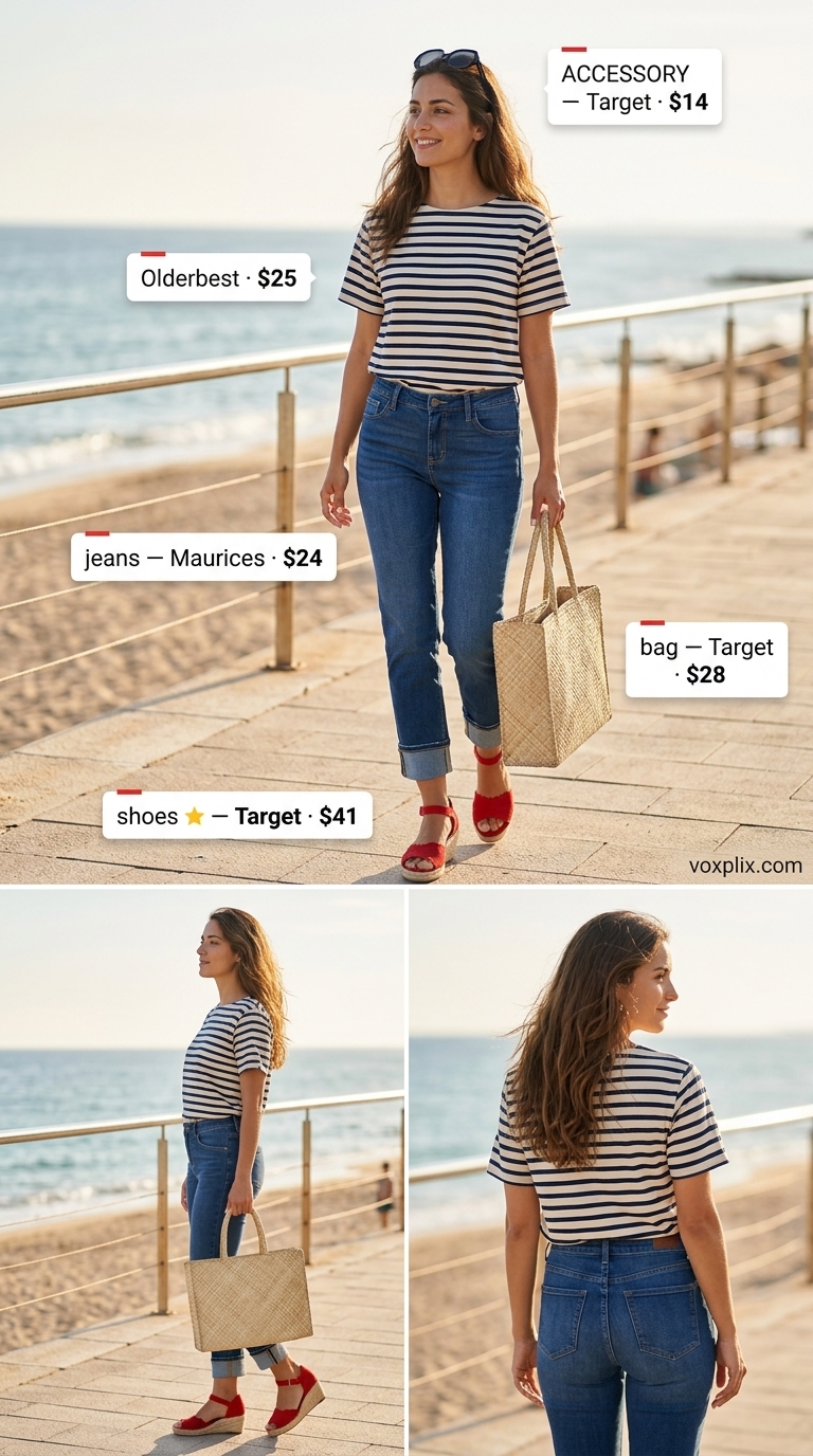 Riviera vacation outfit: cropped straight jeans, navy stripe tee, red espadrilles, straw tote 2026.