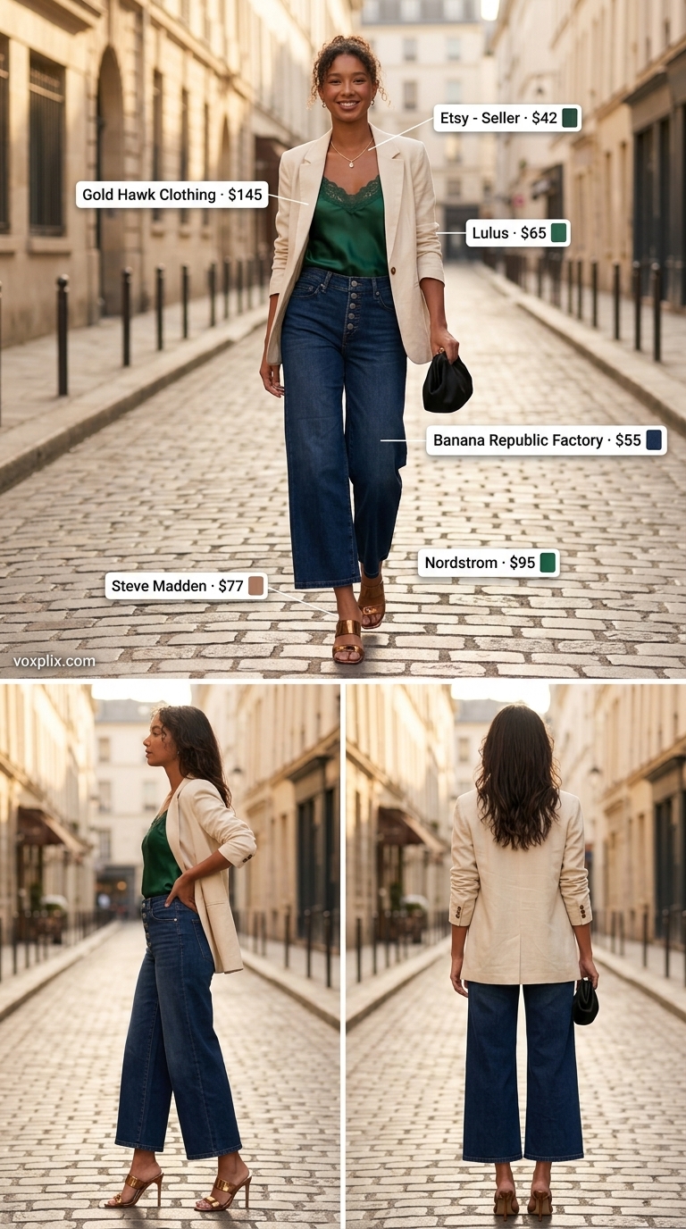 Summer evening glam: tailored cropped jeans, emerald silk cami, linen blazer, bronze mules 2026.