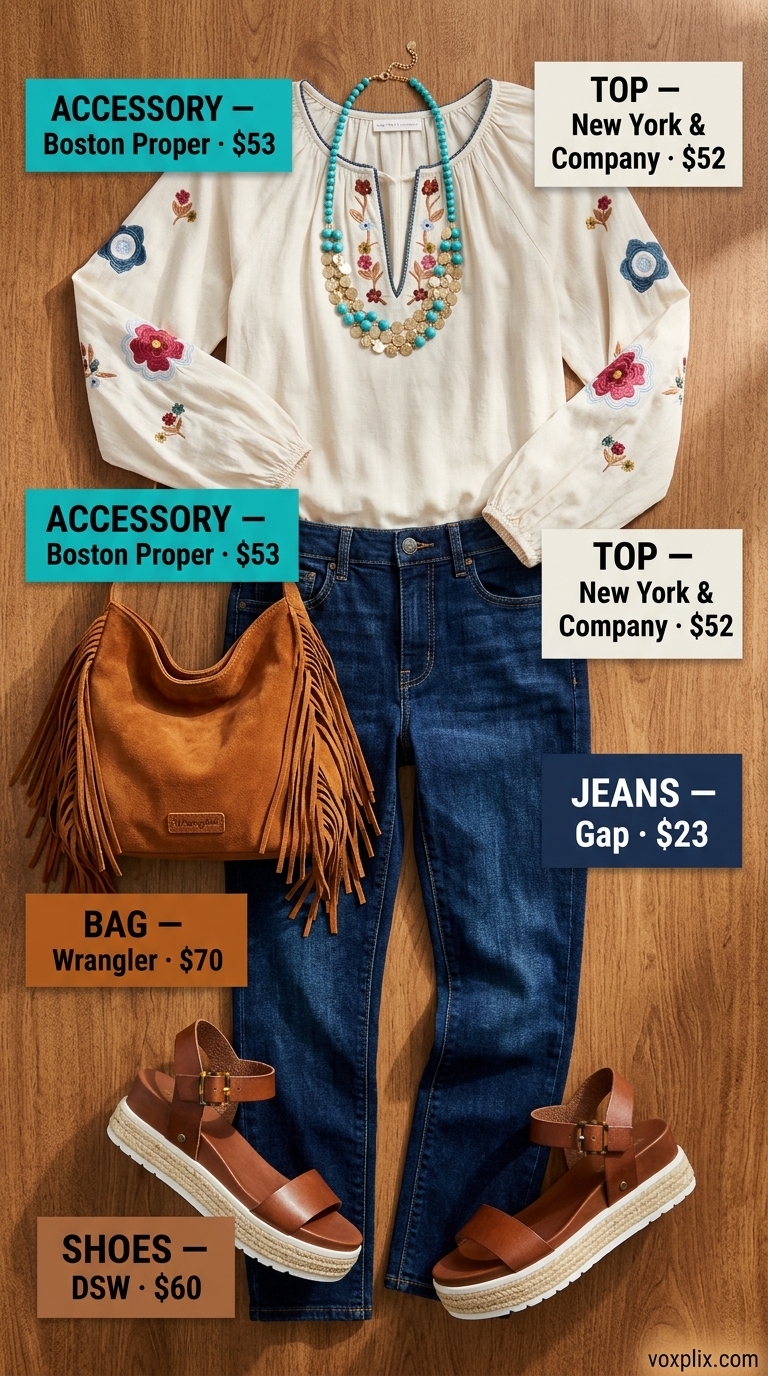 Boho festival outfit: slim cropped jeans, embroidered peasant blouse, woven platform sandals 2026.