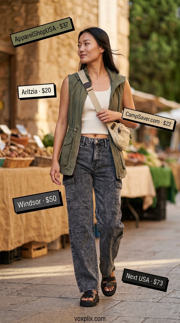 Desert oasis cropped jean outfits summer for women 2026: Black cargo jeans, olive utility vest, cream knit top.