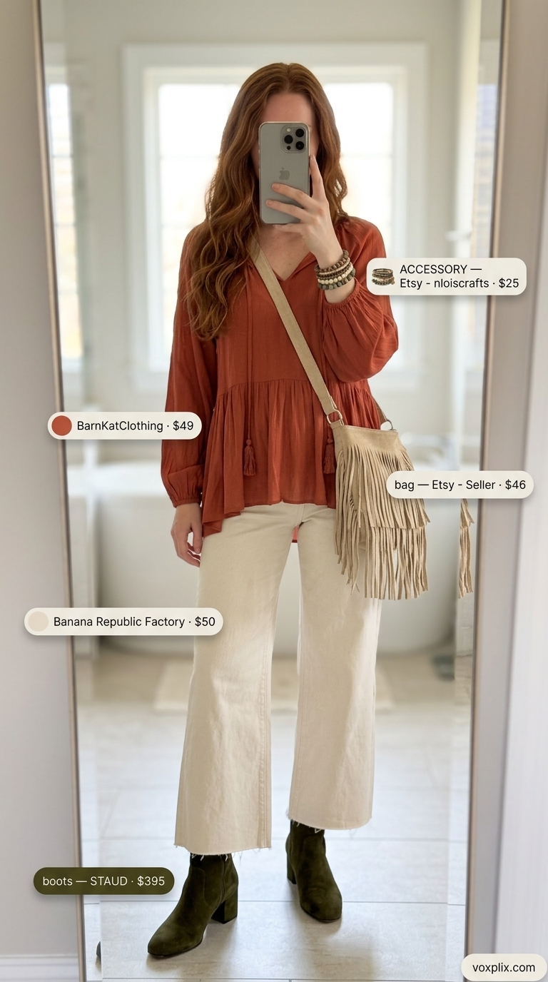 Boho desert outfit: ecru cropped jeans, rust peasant blouse, suede fringe bag, ankle boots 2026.