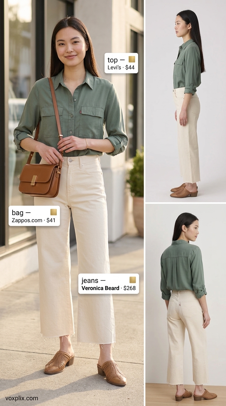 Elevated everyday cropped jean outfits summer for women 2026: Ecru straight-leg jeans, olive green oversized shirt.