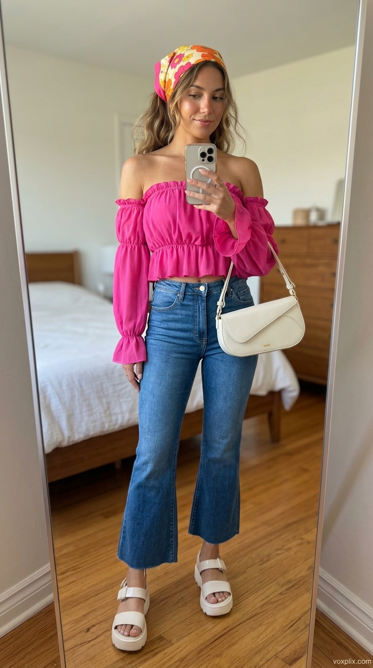 Playful pink outfit: kick-flare cropped jeans, hot pink smocked top, white platform sandals 2026.
