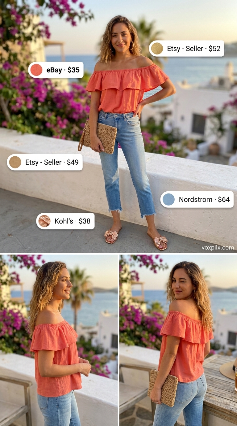 Tropical resort outfit: light sky blue cropped jeans, coral off-shoulder top, metallic sandals 2026.