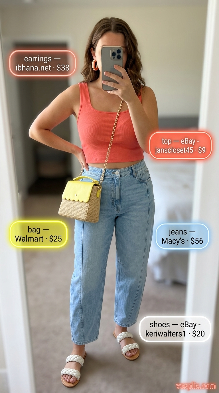 Playful summer outfit: medium wash barrel-leg jeans, coral tank top, yellow crossbody bag 2026.