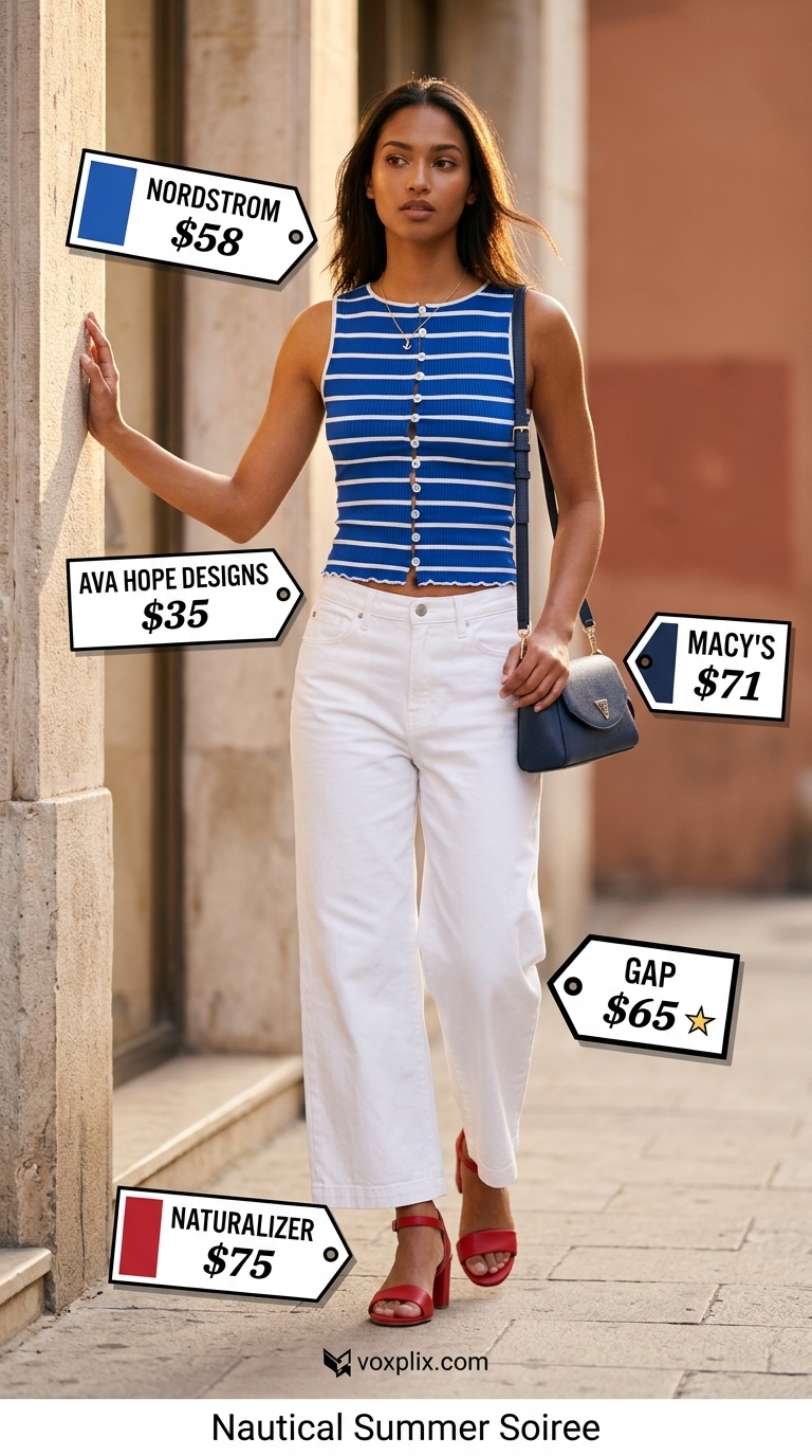 Nautical cropped jean outfits summer for women 2026: White wide-leg jeans, navy stripe tank, red block heels.