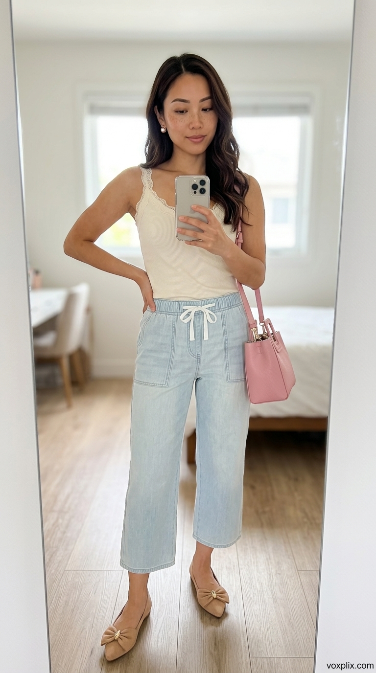 Pastel dream cropped jean outfits summer for women 2026: Light blue jeans, cream lace top, beige ballet flats.