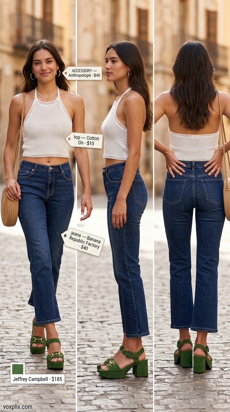 Retro cropped jean outfits summer for women 2026: Indigo kick-flare jeans, cream crochet halter, emerald green sandals.