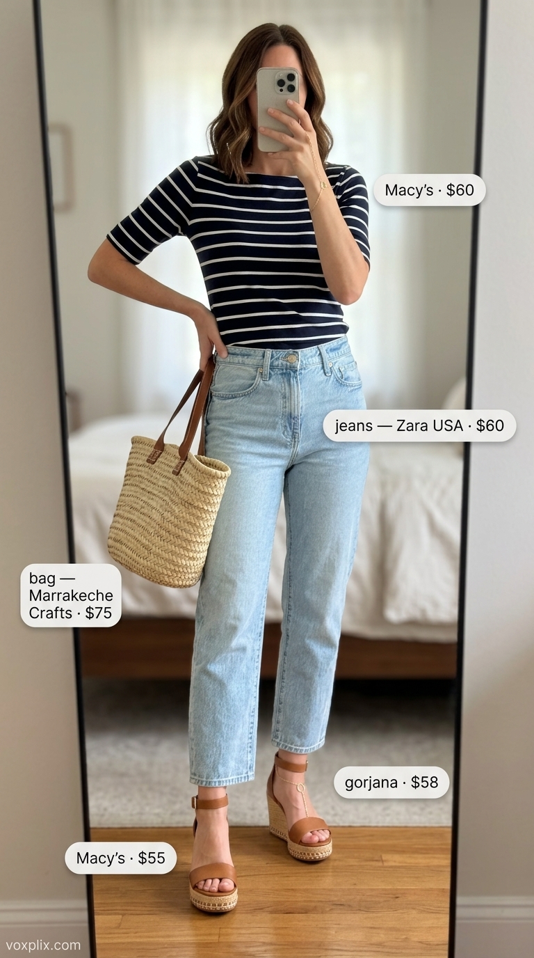 Riviera brunch cropped jean outfits summer for women 2026: Light wash straight jeans, navy stripe knit, espadrille wedges.