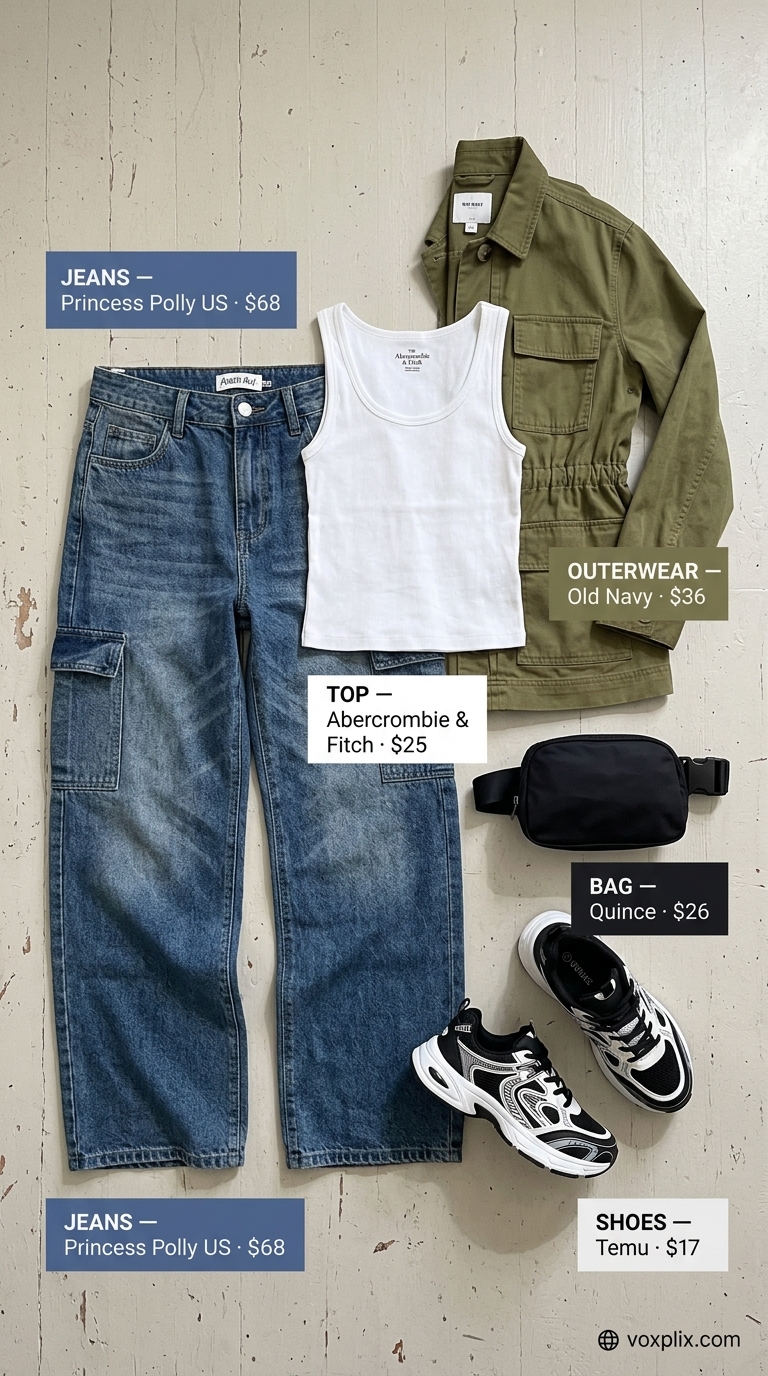 Utility-chic cropped jean outfits summer for women 2026: Medium cargo jeans, khaki utility jacket, mesh sneakers.