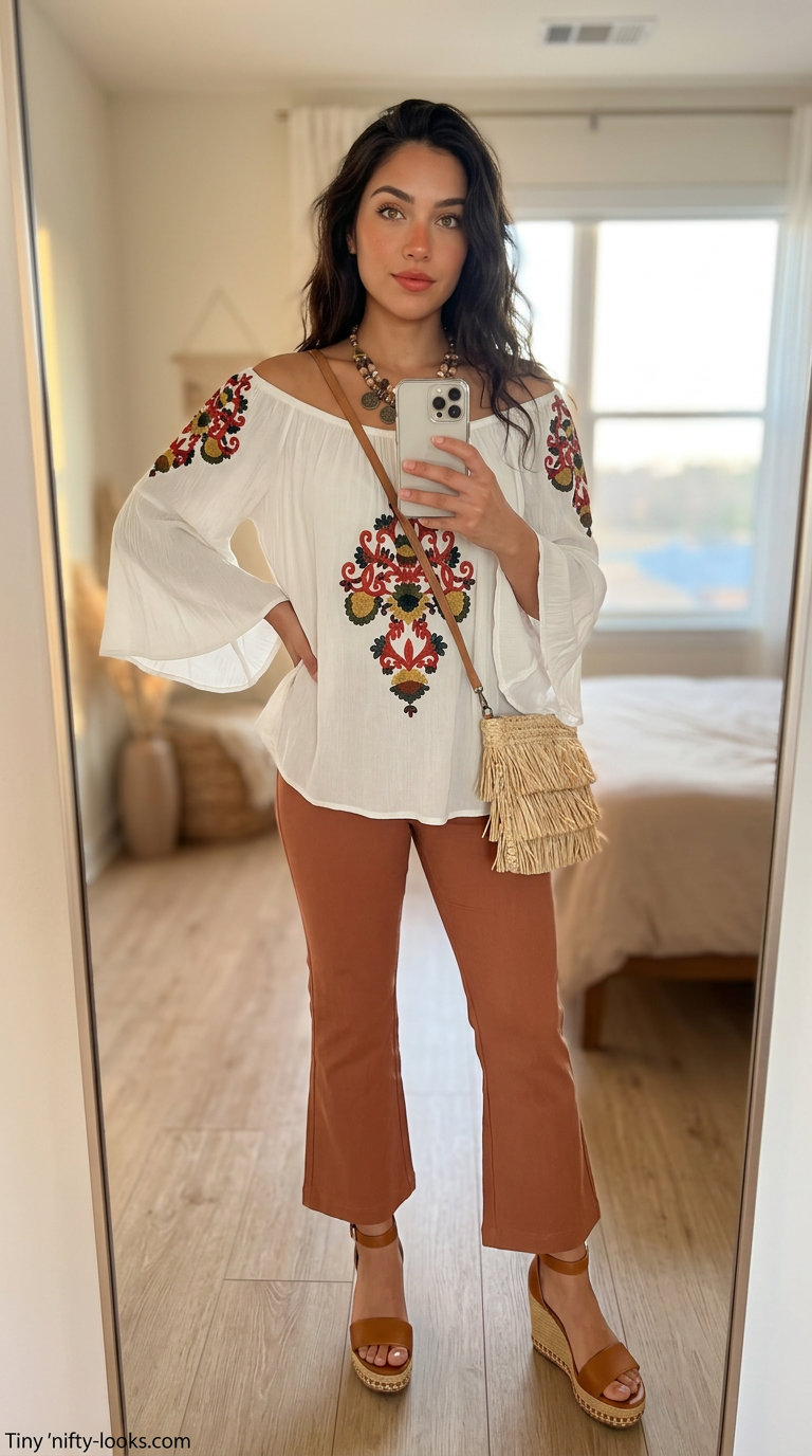 Boho cropped legging outfits summer for women 2026: Terracotta flared leggings, ivory peasant top for festival.