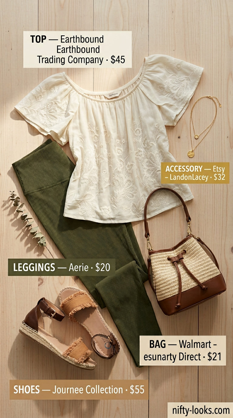 Boho market cropped legging outfits summer for women 2026: Olive green leggings, cream peasant top for outdoor market.