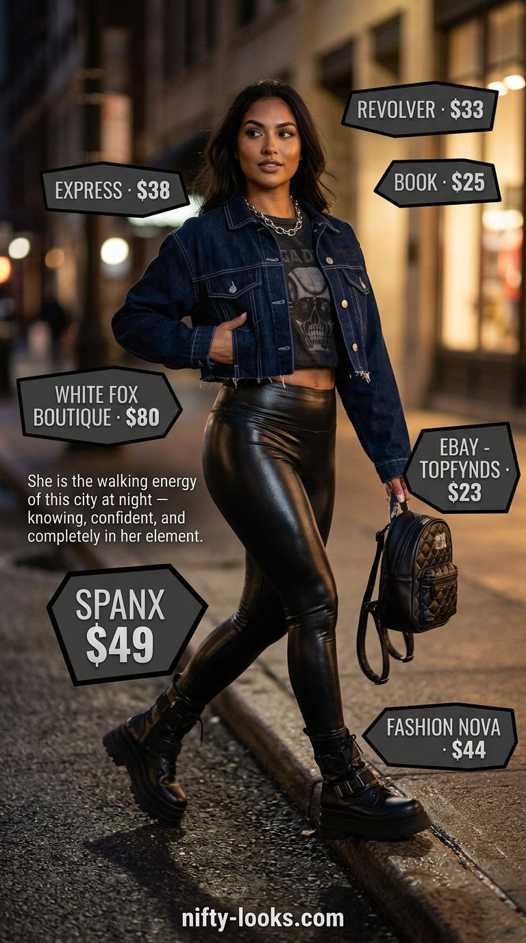 Edgy cropped legging outfits summer for women 2026: Black faux leather leggings, denim jacket for night out.