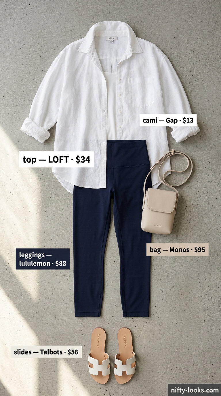 Minimalist cropped legging outfits summer for women 2026: Navy leggings, white linen shirt for city sightseeing.