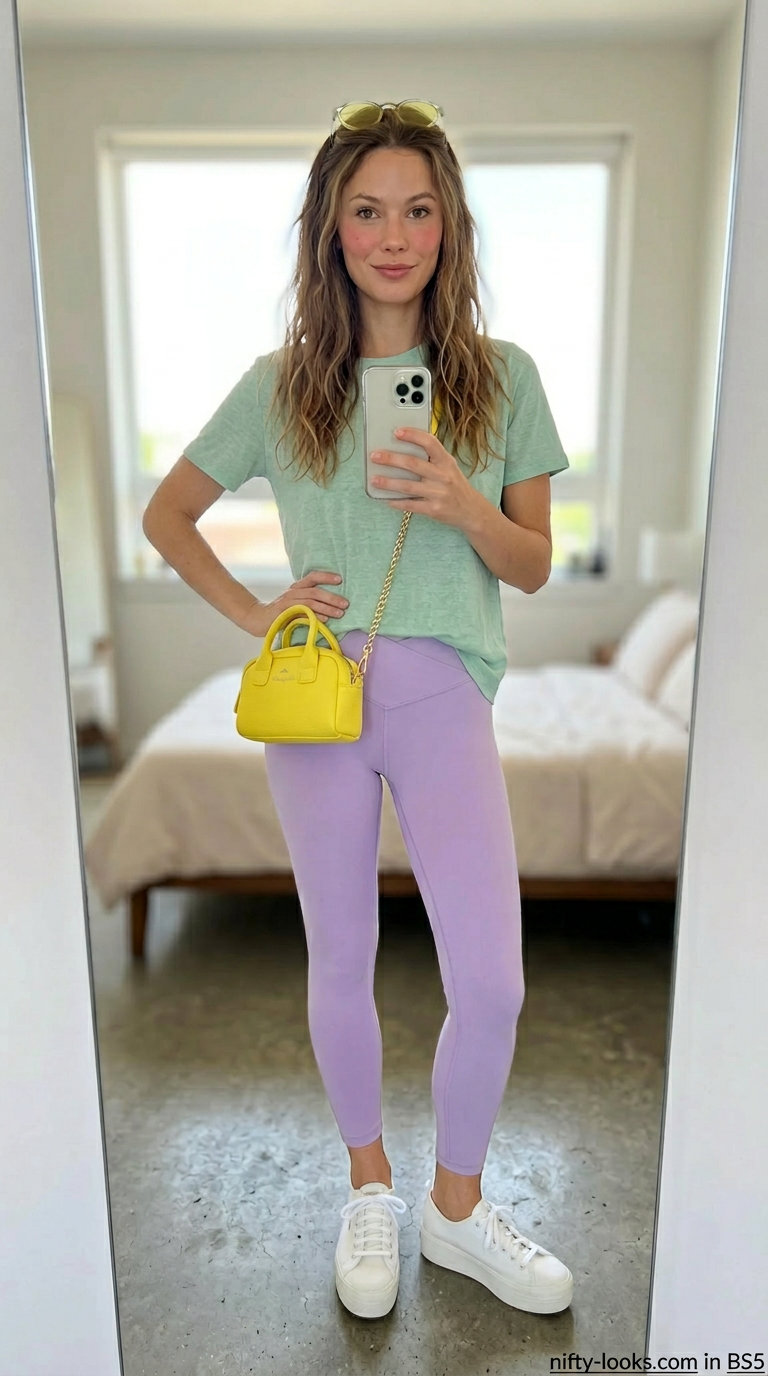 Pastel cropped legging outfits summer for women 2026: Lavender leggings, mint tee, yellow bag for garden party.