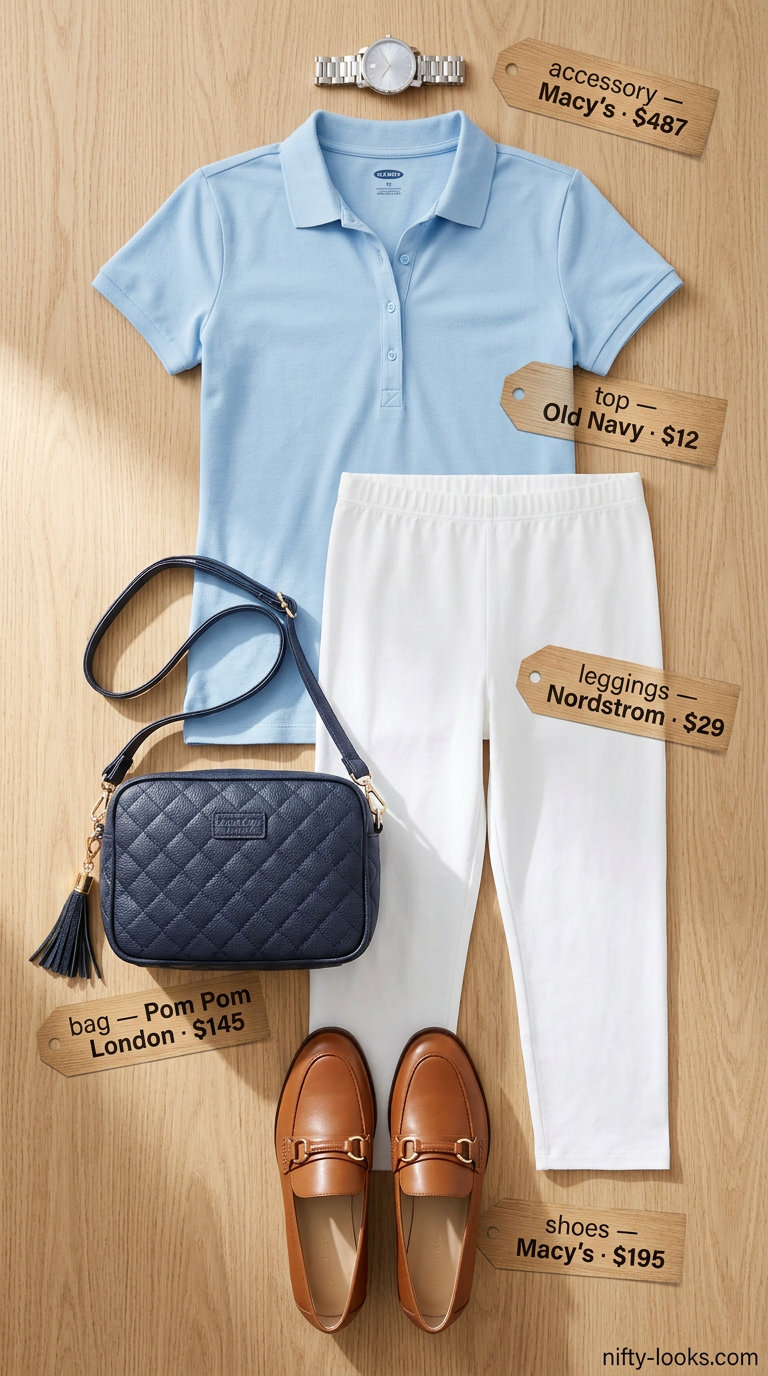Crisp cropped legging outfits summer for women 2026: White leggings, sky blue polo, tan loafers for a preppy lakeside picnic.