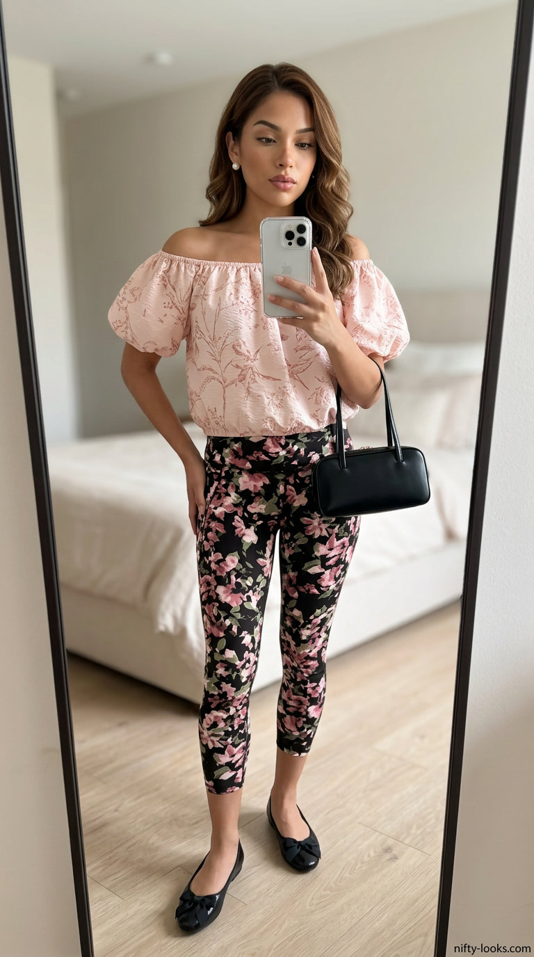 Romantic cropped legging outfits summer for women 2026: Floral leggings, blush top for summer brunch.