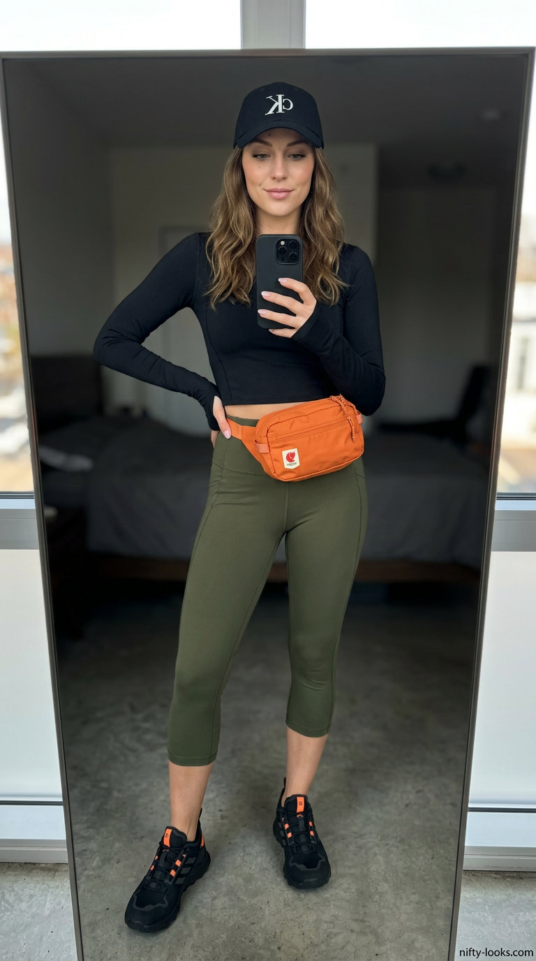 Functional cropped legging outfits summer for women 2026: Khaki leggings, black crop top for urban trek.