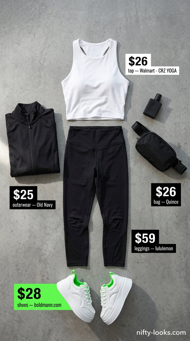 Athleisure cropped legging outfits for women summer 2026: Black leggings, neon green accent sneakers, zip-up jacket, and belt bag.