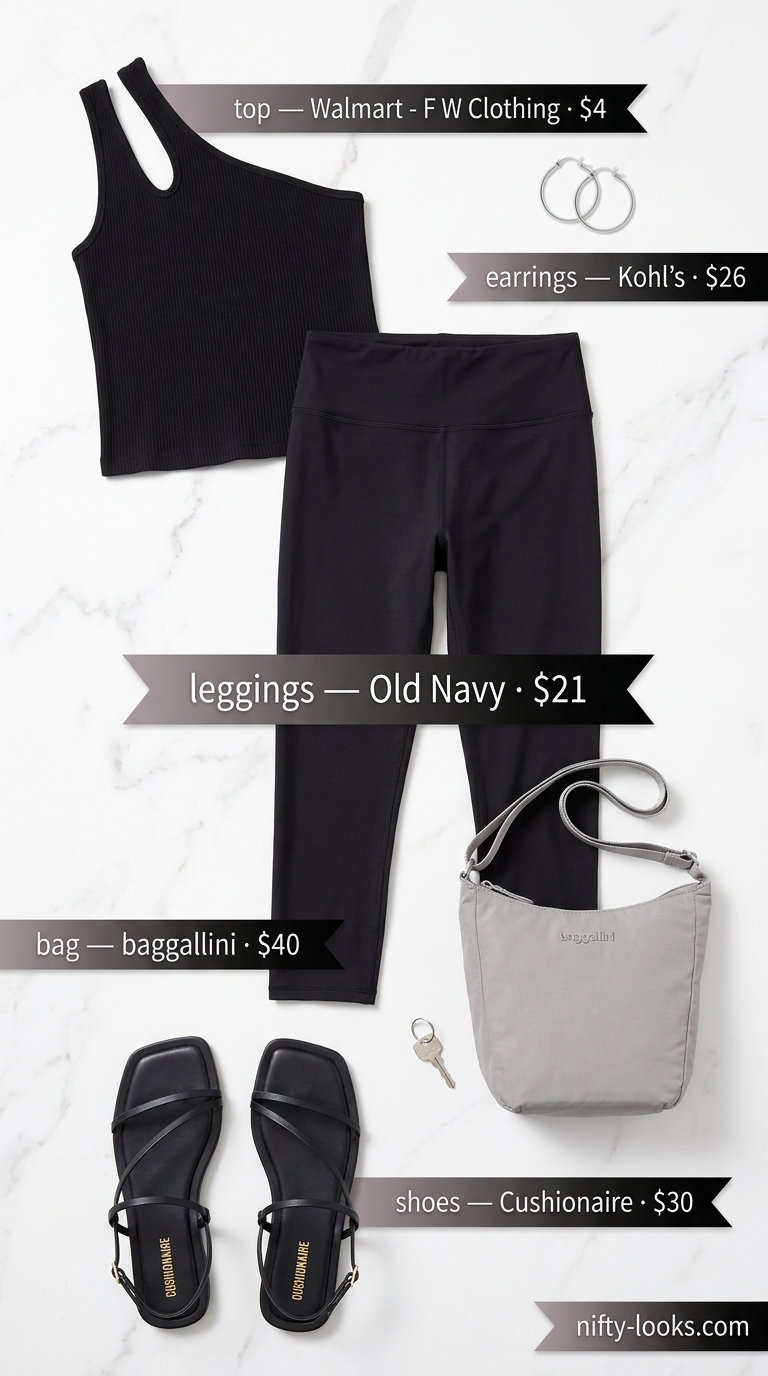 Minimalist cropped legging outfits for women summer 2026: Black seamless leggings, one-shoulder tank, strappy sandals, and hoop earrings.