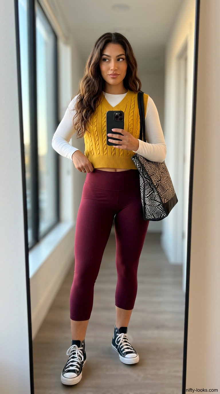 Burgundy cropped leggings outfits summer for women 2026 with mustard sweater vest, black tote, and high-tops for an art walk.