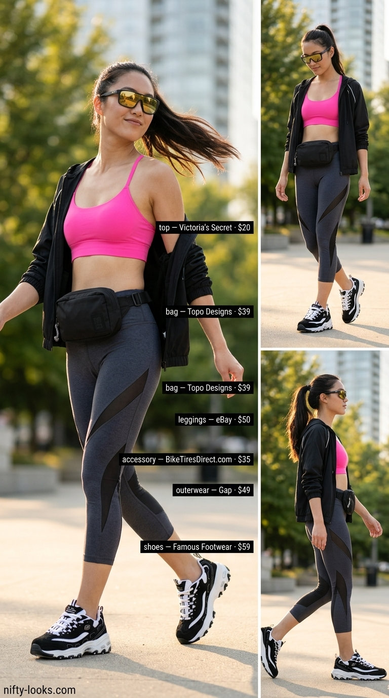 Sporty cropped legging outfits for women summer 2026: Charcoal grey leggings, hot pink sports bra, windbreaker, and sneakers.