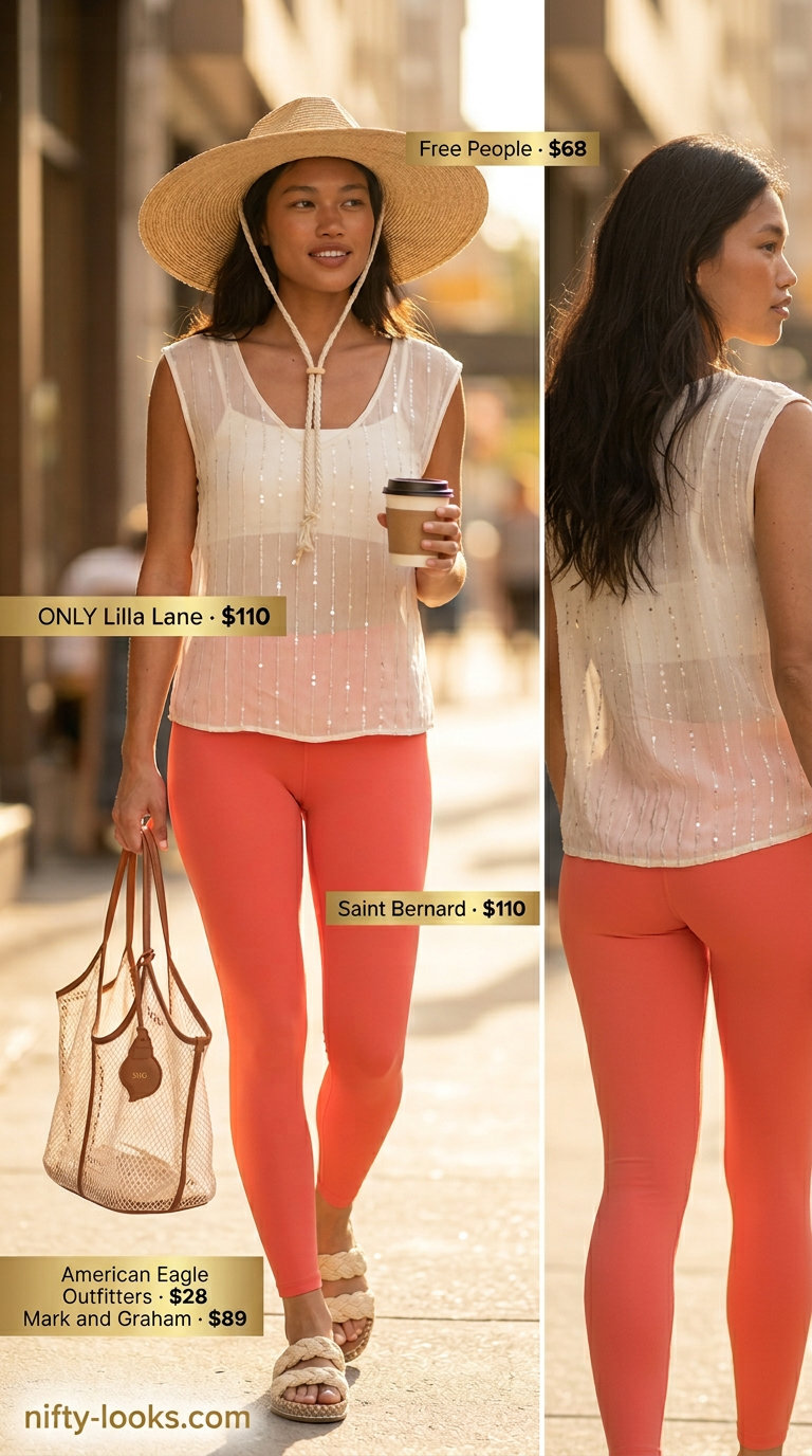 Coastal cropped legging outfits for women summer 2026: Coral leggings, sheer tunic, straw tote, and sun hat for beach days.