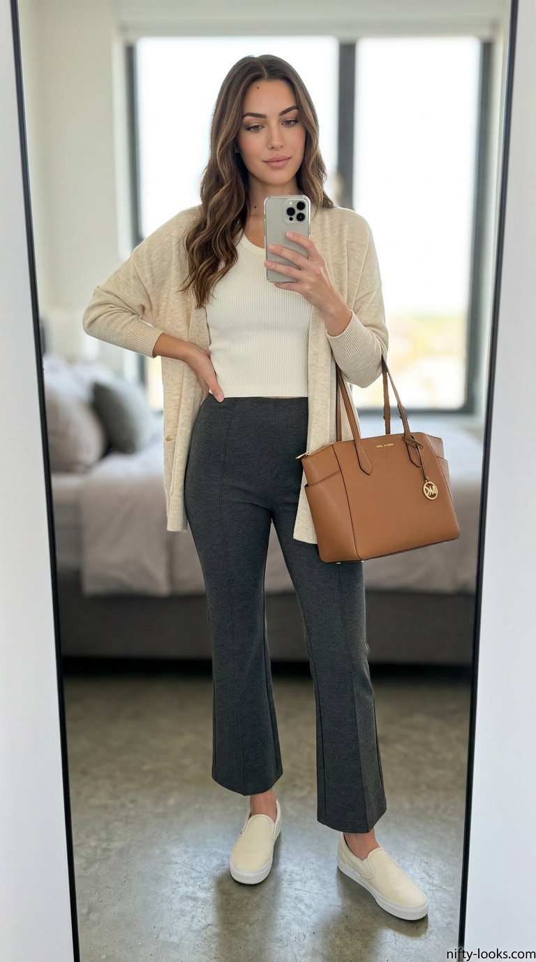 Sophisticated cropped legging outfits for women summer 2026: Dark grey leggings, knit cardigan, white sneakers, and leather tote.