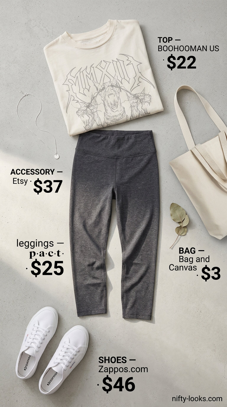 Casual women's cropped legging outfit for summer 2026: Heather grey leggings, oversized graphic tee, canvas tote bag, and sneakers.
