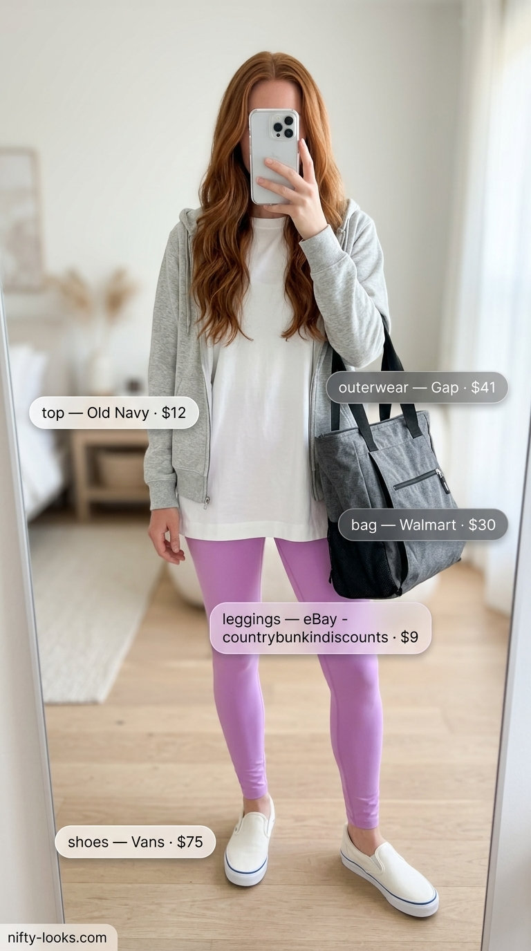 Lavender cropped leggings outfits summer for women 2026, styled with a grey hoodie and white tee for post-yoga comfort.