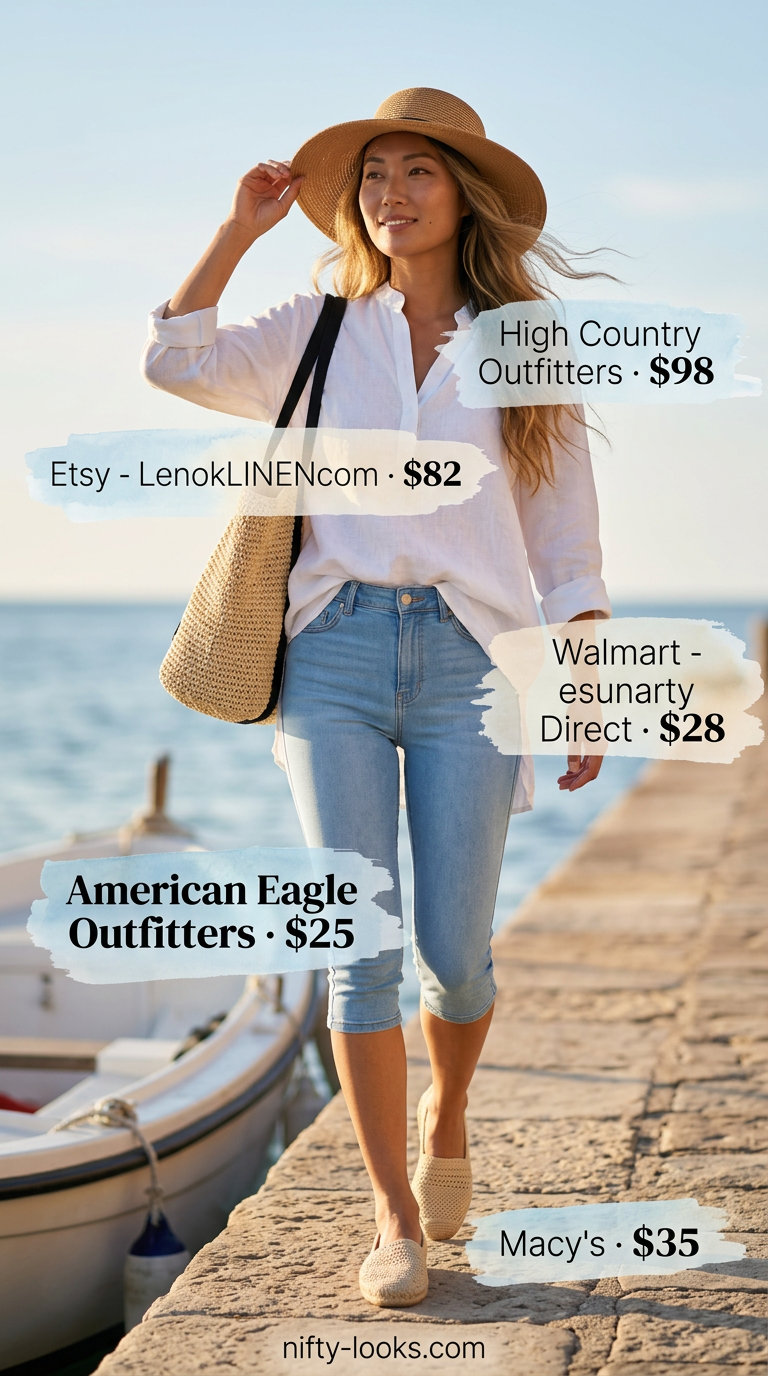 Light blue cropped leggings outfits summer for women 2026, worn with a white linen tunic and straw hat for beach day.