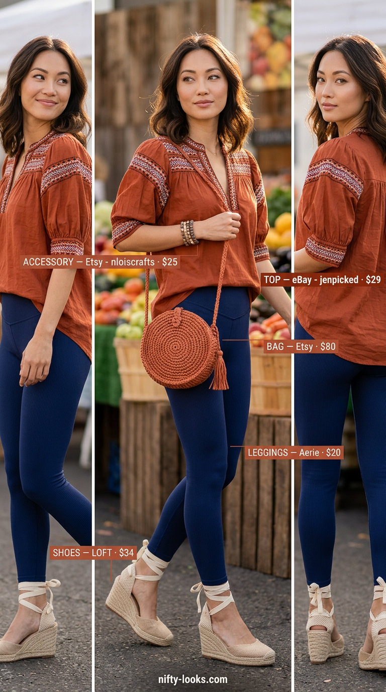 Artistic cropped legging outfits for women summer 2026: Navy leggings, rust peasant blouse, woven bag, and espadrilles.