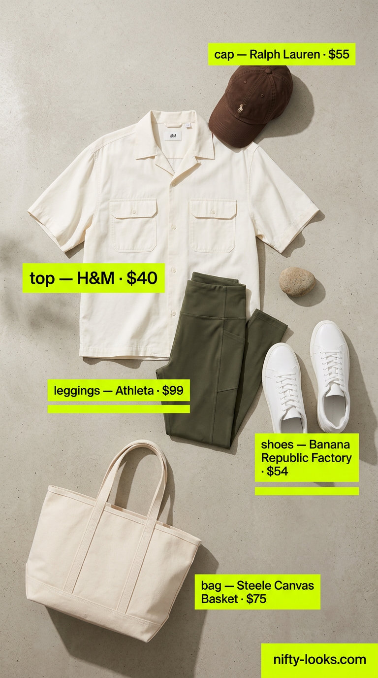 Urban cropped legging outfits for women summer 2026: Olive green leggings, utility shirt, canvas tote, and baseball cap.