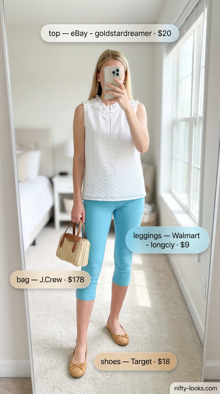 Sky blue cropped leggings outfits summer for women 2026, paired with a white eyelet blouse and wicker bag for a garden party.