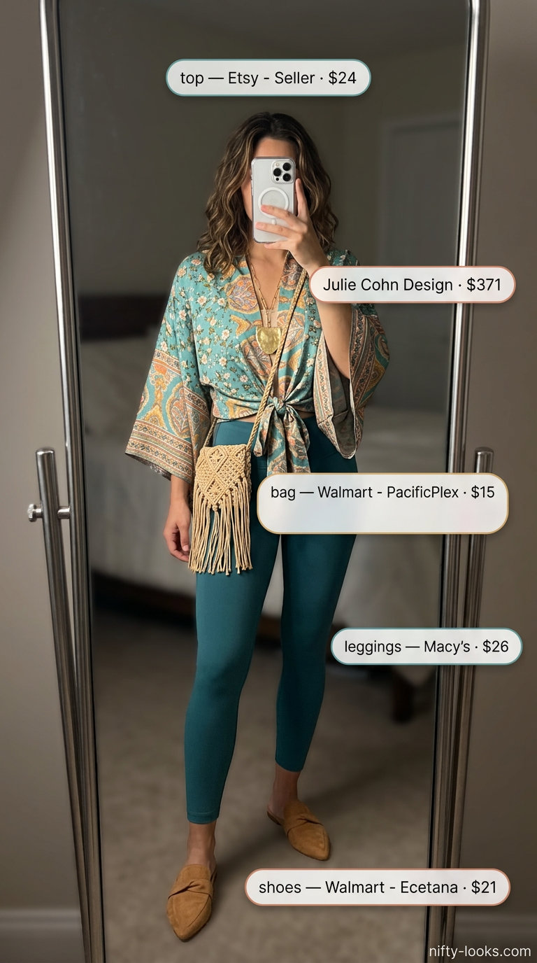 Bohemian cropped legging outfits for women summer 2026: Teal leggings, floral kimono top, suede mules, and macrame bag.