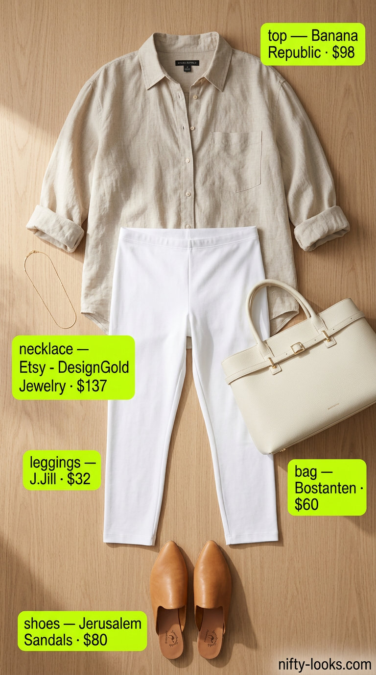 Chic cropped legging outfits for women summer 2026: White leggings, linen shirt, leather mules, and top-handle bag for brunch.