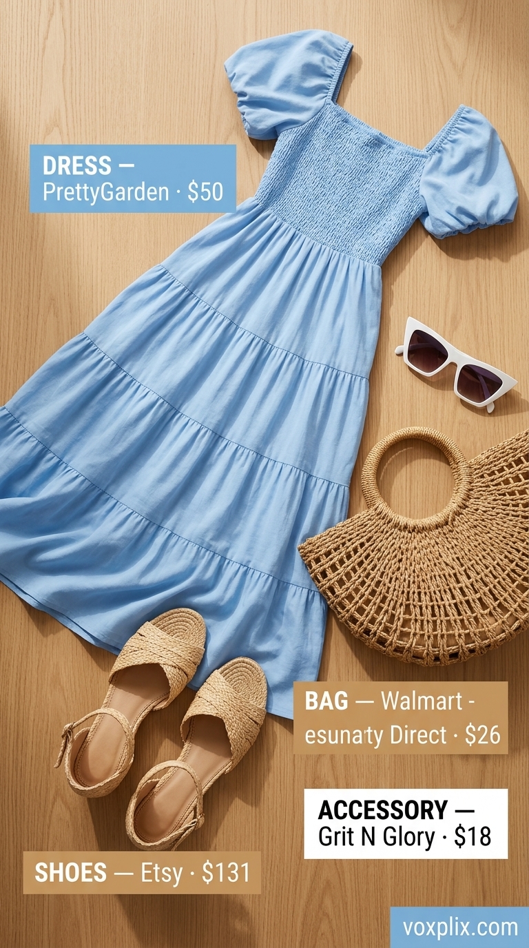 Cute casual summer outfits for women 2026: Blue tiered midi dress with espadrilles and straw tote for seaside picnic.