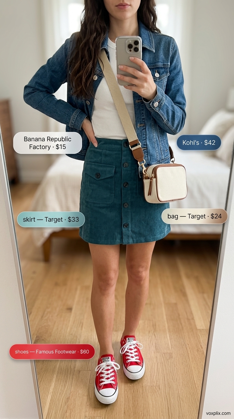 Cute casual summer outfits for women 2026: Navy denim skirt, white tank, red sneakers for a retro festival look.