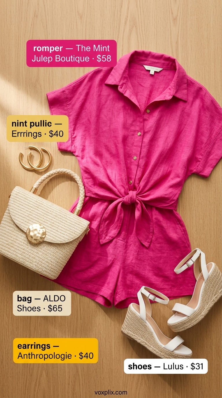 Cute casual summer outfits for women 2026: Bold fuchsia romper with cream espadrilles for a fun day party.