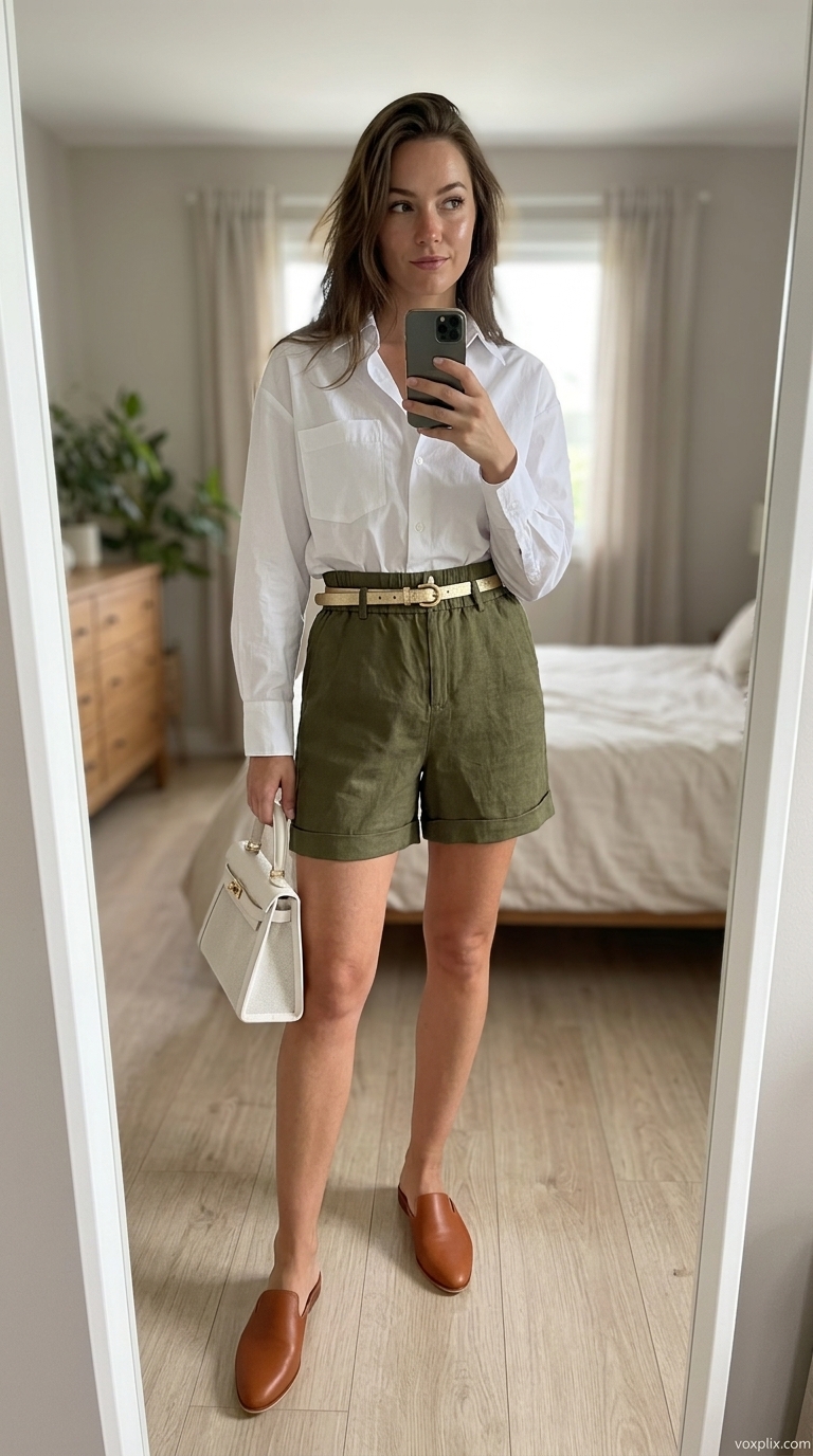 Cute casual summer outfits for women 2026: Khaki shorts and white shirt for a sophisticated safari brunch.
